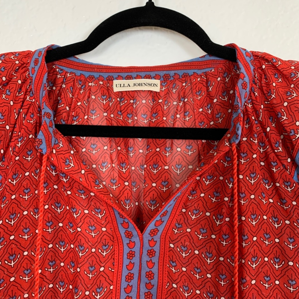 Ulla Johnson Silk Ruffle Top Blouse Womens Size 2 Red Floral Tassel Tie Sheer - Picture 7 of 14